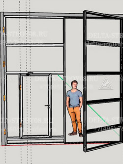 Промышленные ворота с калиткой и распашным механизмом две створки