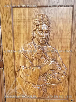 Дверь в Храм витражная окрашенная с фрамугой и окном в свечную лавку